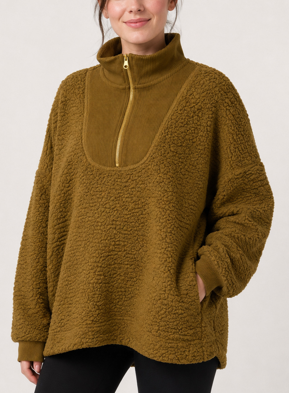 Aerie Dream Sherpa 1/4 Quarter Zip Sweatshirt Women M Camel Brown Oversized Cozy